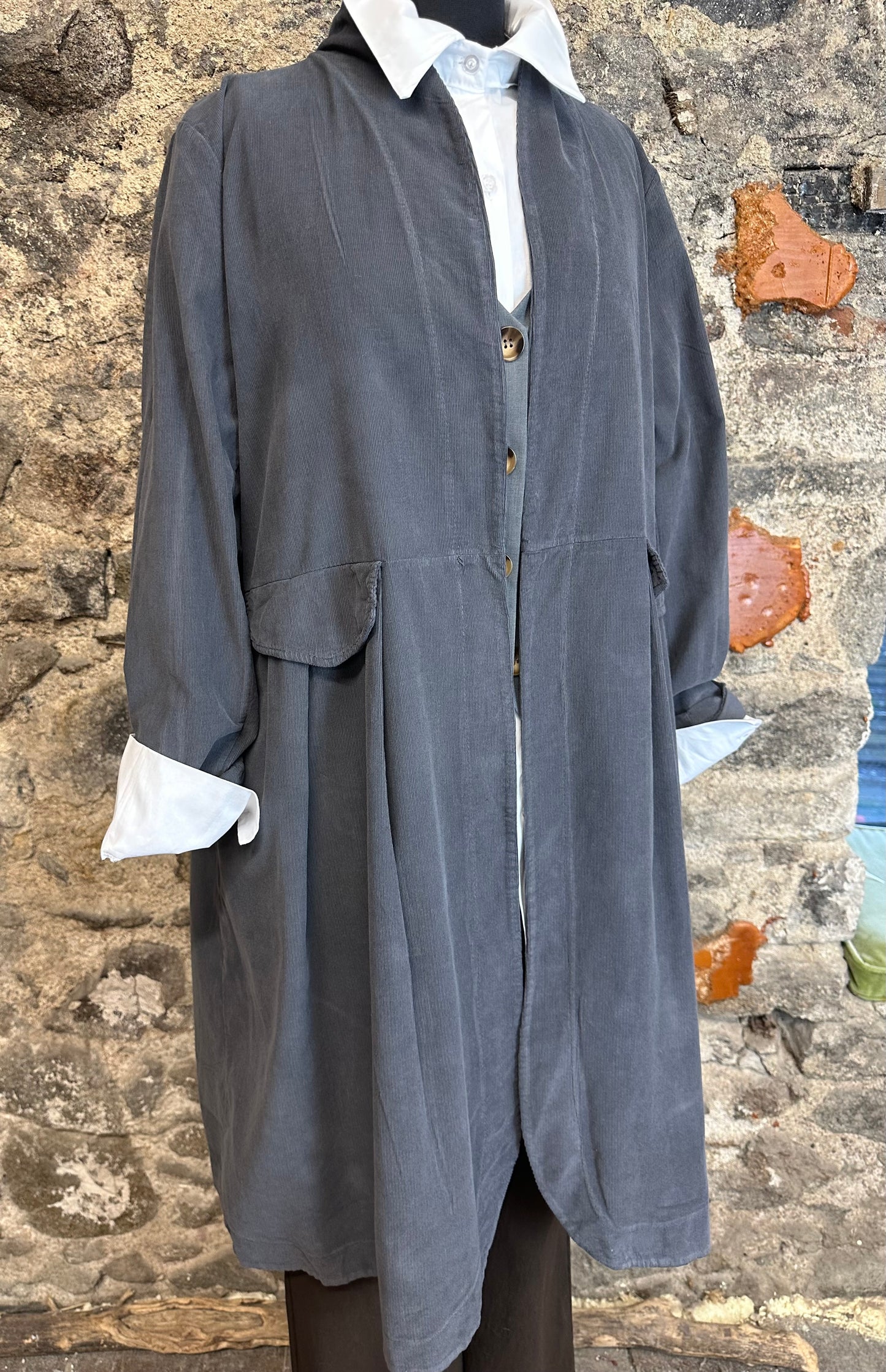 “Terri “ graphite Italian pin corduroy dress coat