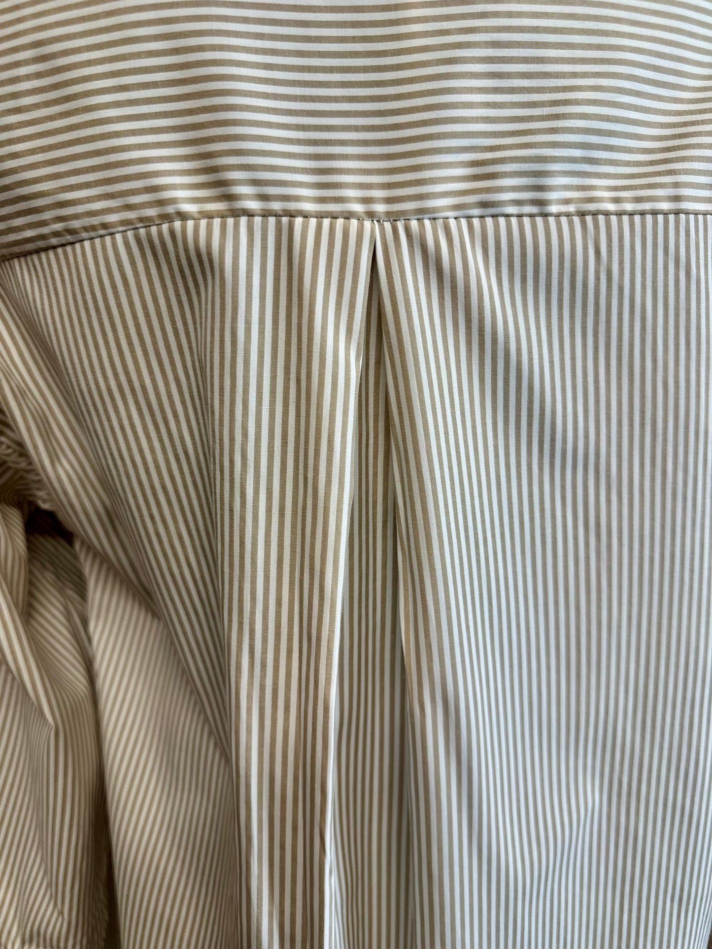 “Annabelle”pinstripe mocha and ivory pilgrim ruffle italain shirt