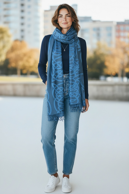 Ocean blue Irish designed heritage knotwork pashmina