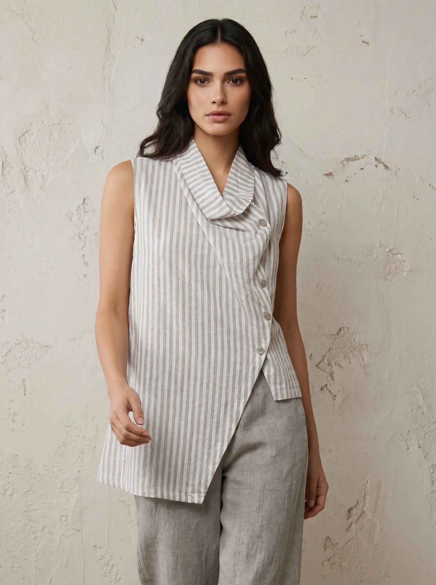 “Mabel “ mocha and white striped Italian linen mix waist coat