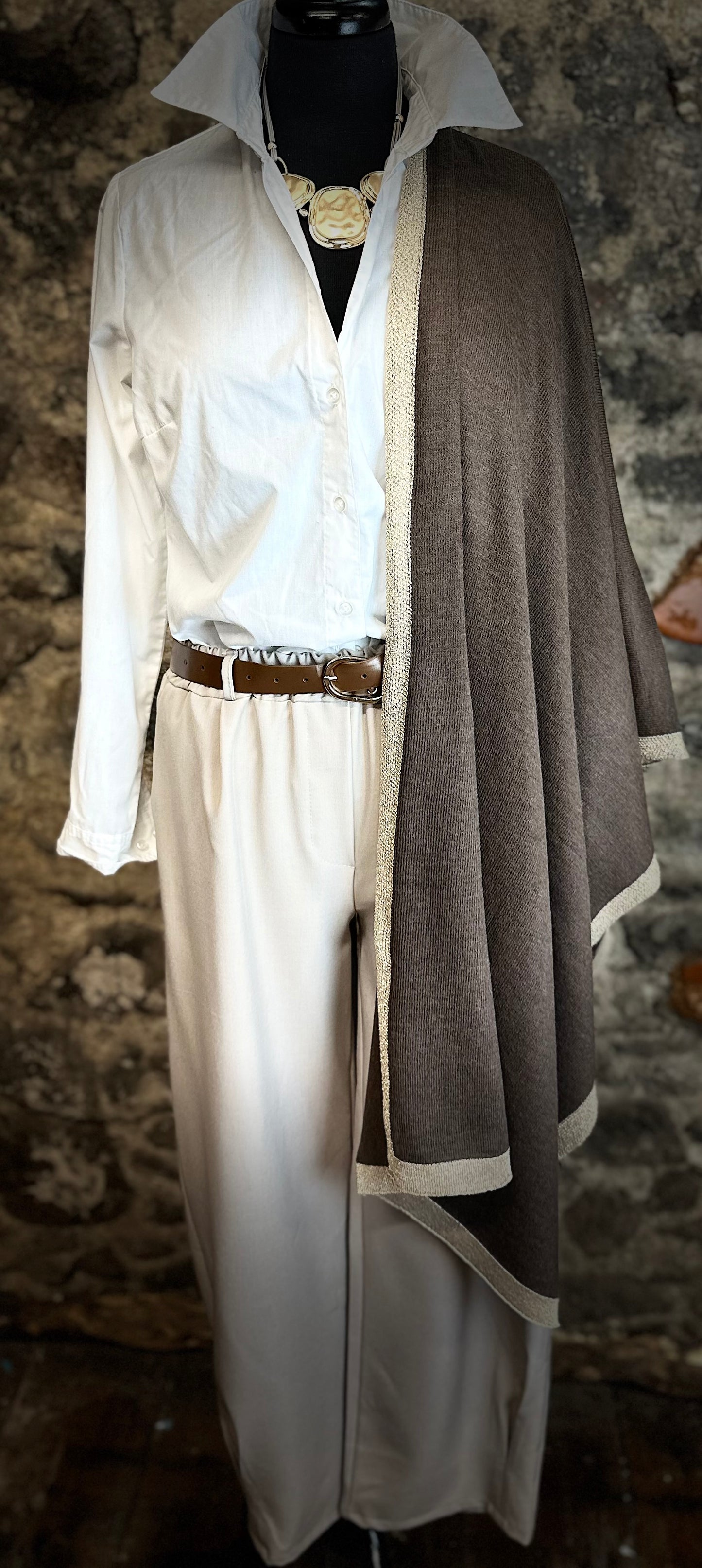 Chocolate fine  knit wrap with gold trim