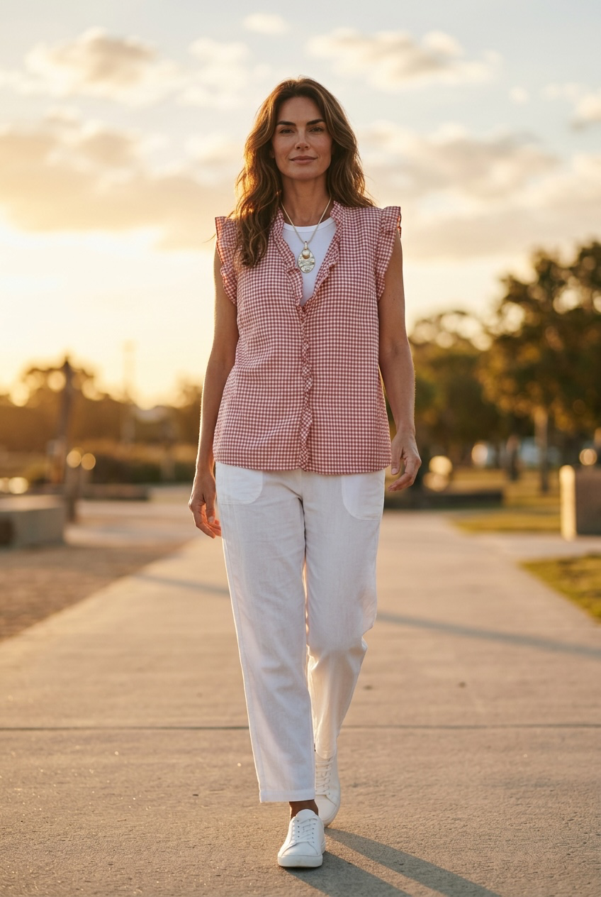 “Rosie” terracotta and white gingham ruffle top