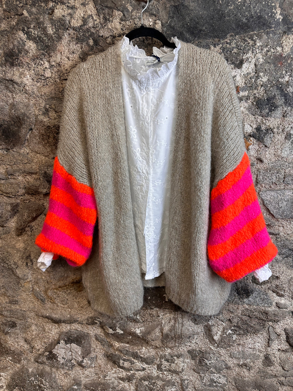 “Elsie “ neon sleeve mocha Italian open front cosey knit