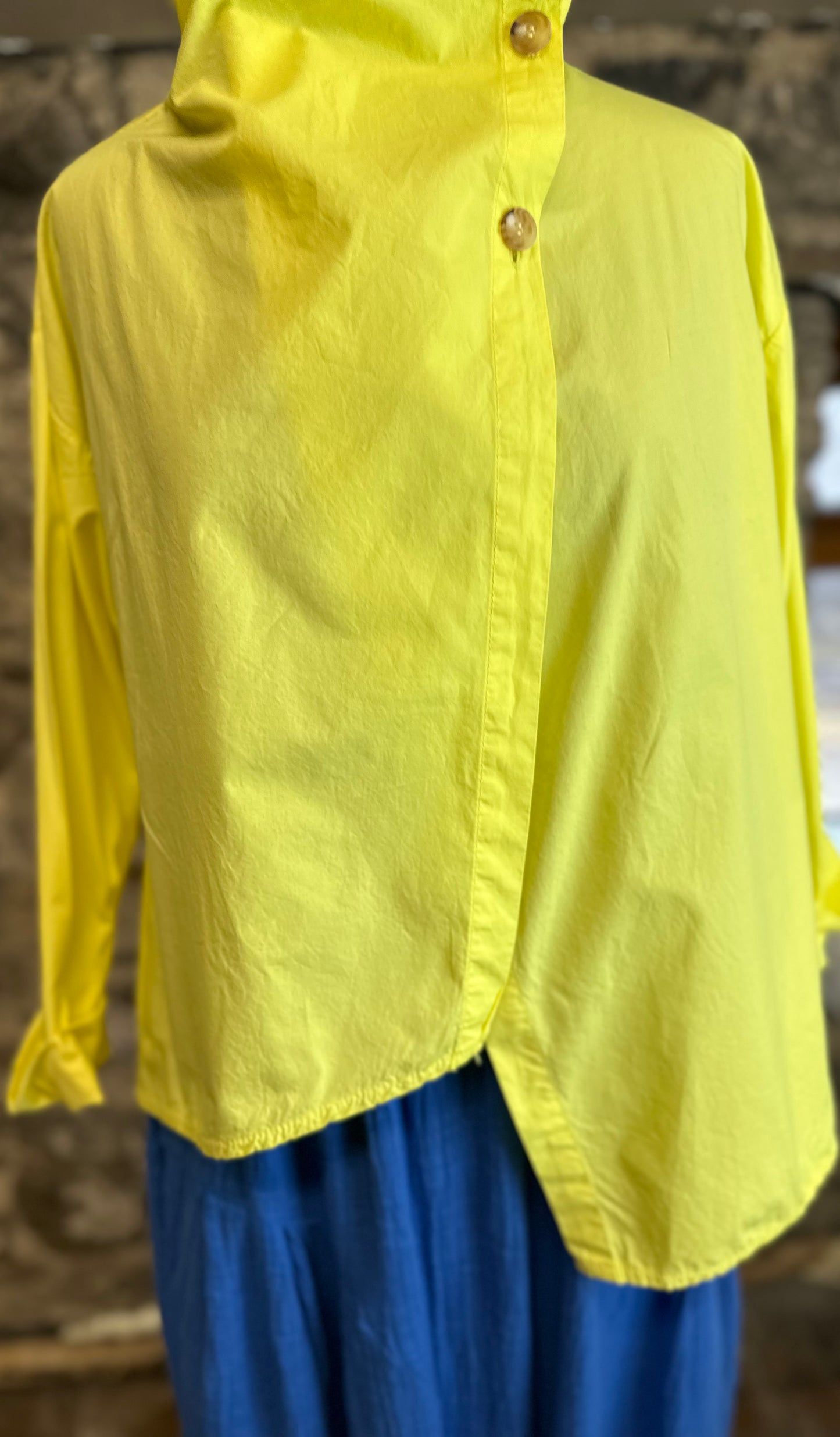 “Suzie “ sunshine yellow Italian funnel neck asymmetric cotton jacket