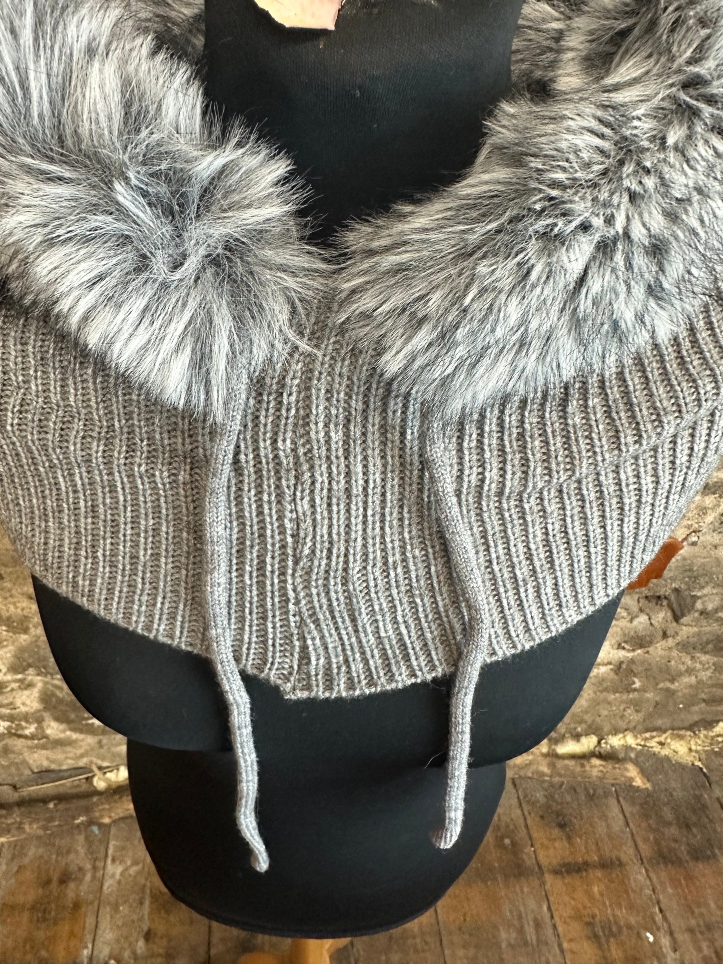 “Jessie “ vegan  fur trim snood hood ..dove grey