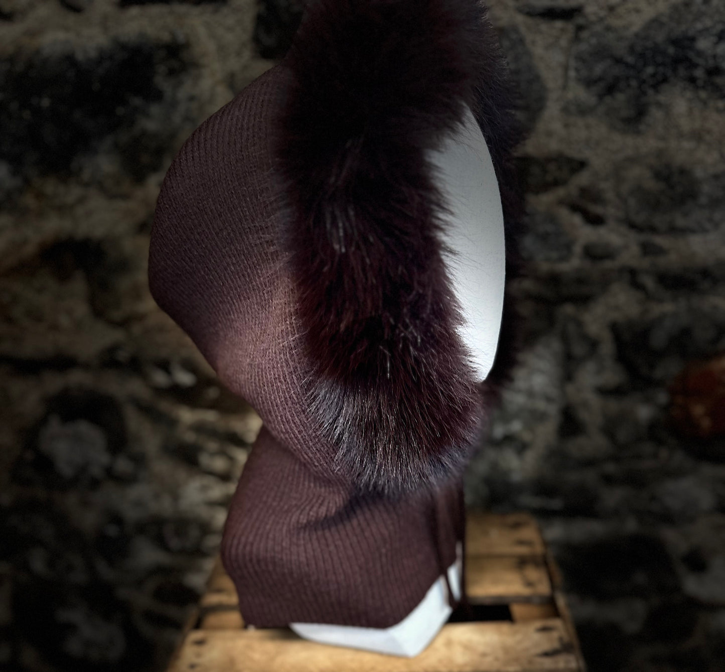 “Claudia “ chocolate vegan fur hood snood