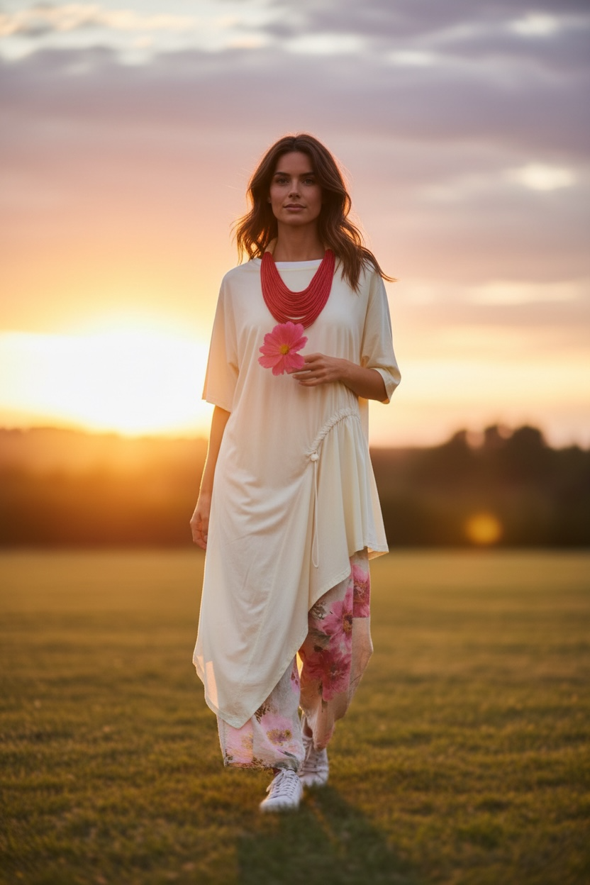 “Perri “ cream asymmetrical tunic dress with adjustable toggle