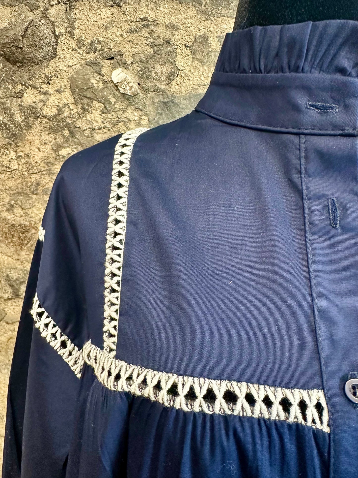 “Annabelle” indigo Italian ruffle collar dress shirt