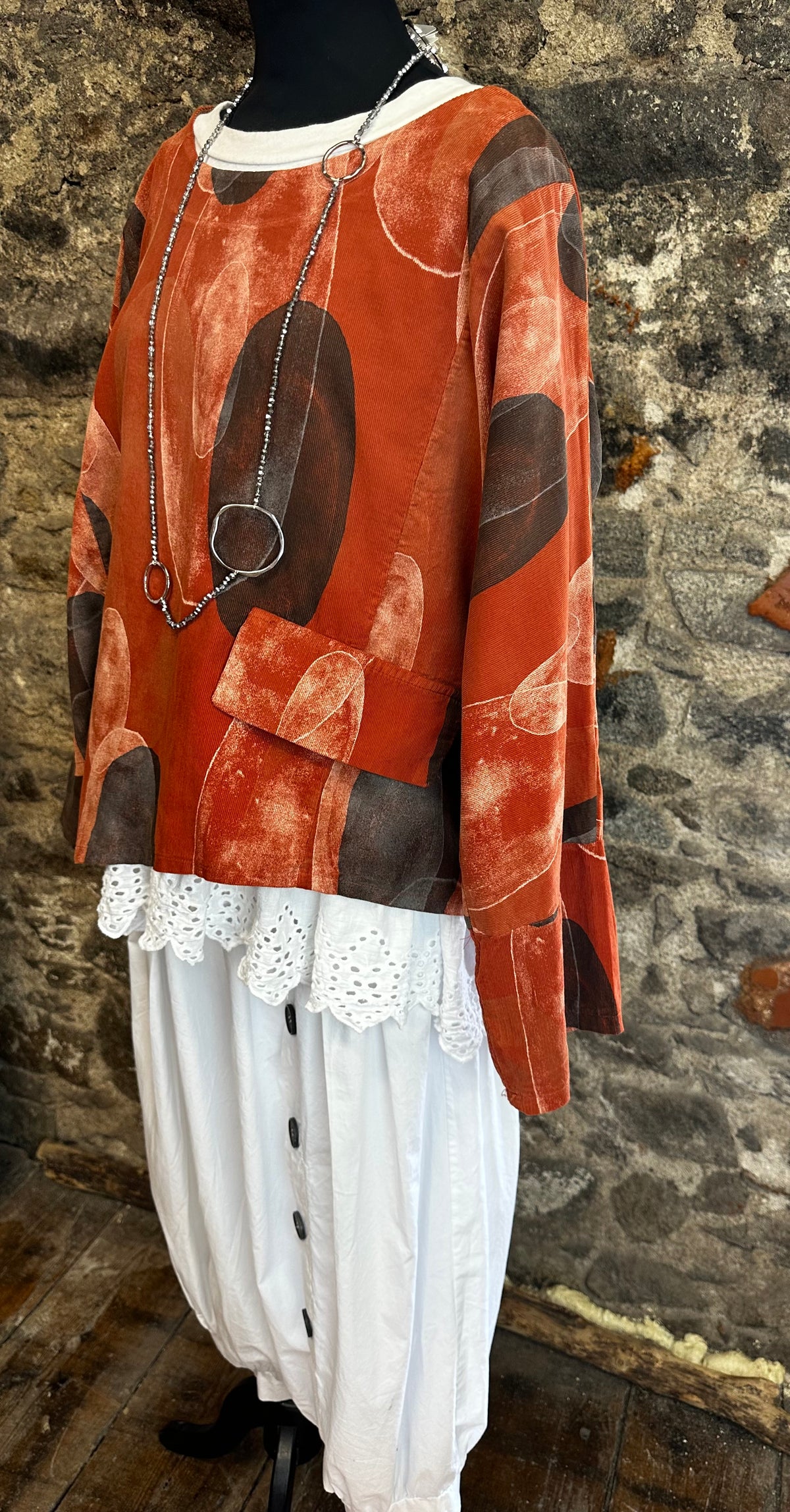 “Betty “ Italian pin corduroy russet and charcoal tunic