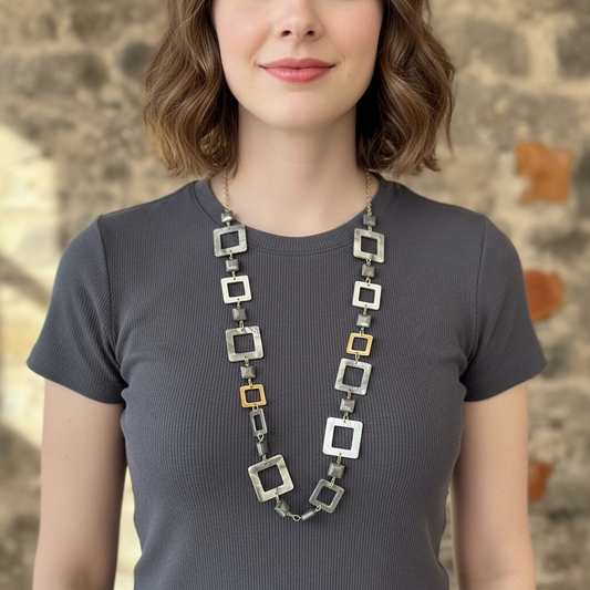 Long statement mixed square acrylic neckpiece