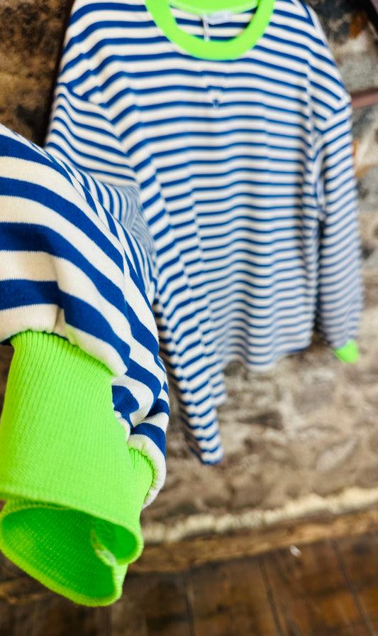 “Misty “ cobalt blue and electric lime casual sweatshirt