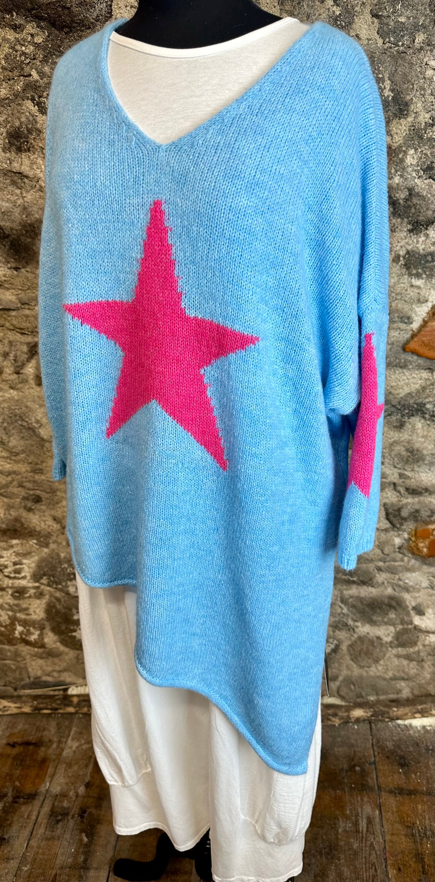 “Preya “ sky blue Italian cosey asymmetric knit