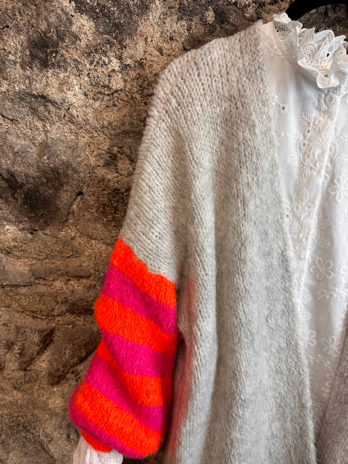 “Elsie “ dove grey and neon sleeve Italian cosey knit