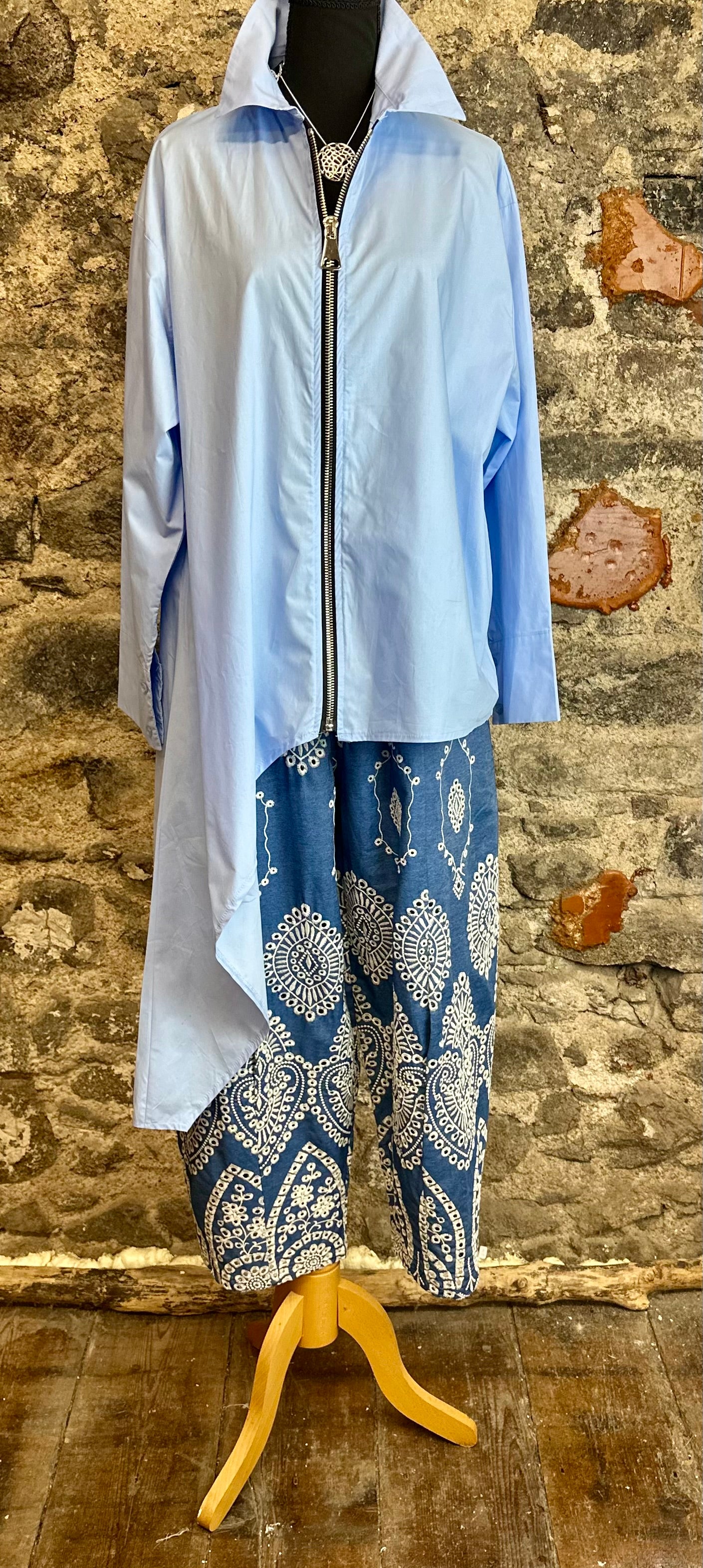 “Serrin “ powder blue asymmetric dramatic Italian shirt