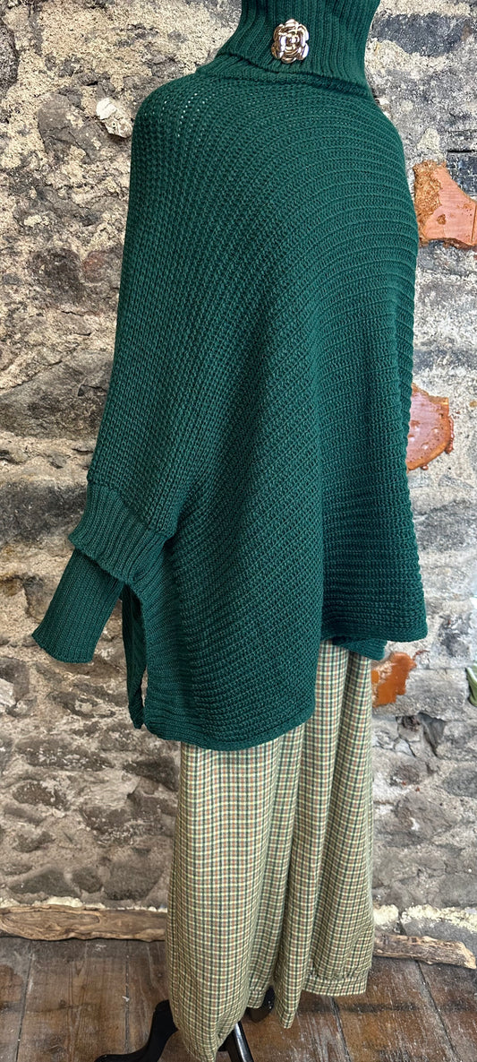“Darina” Forest green high neck knit sleeved polo neck cape