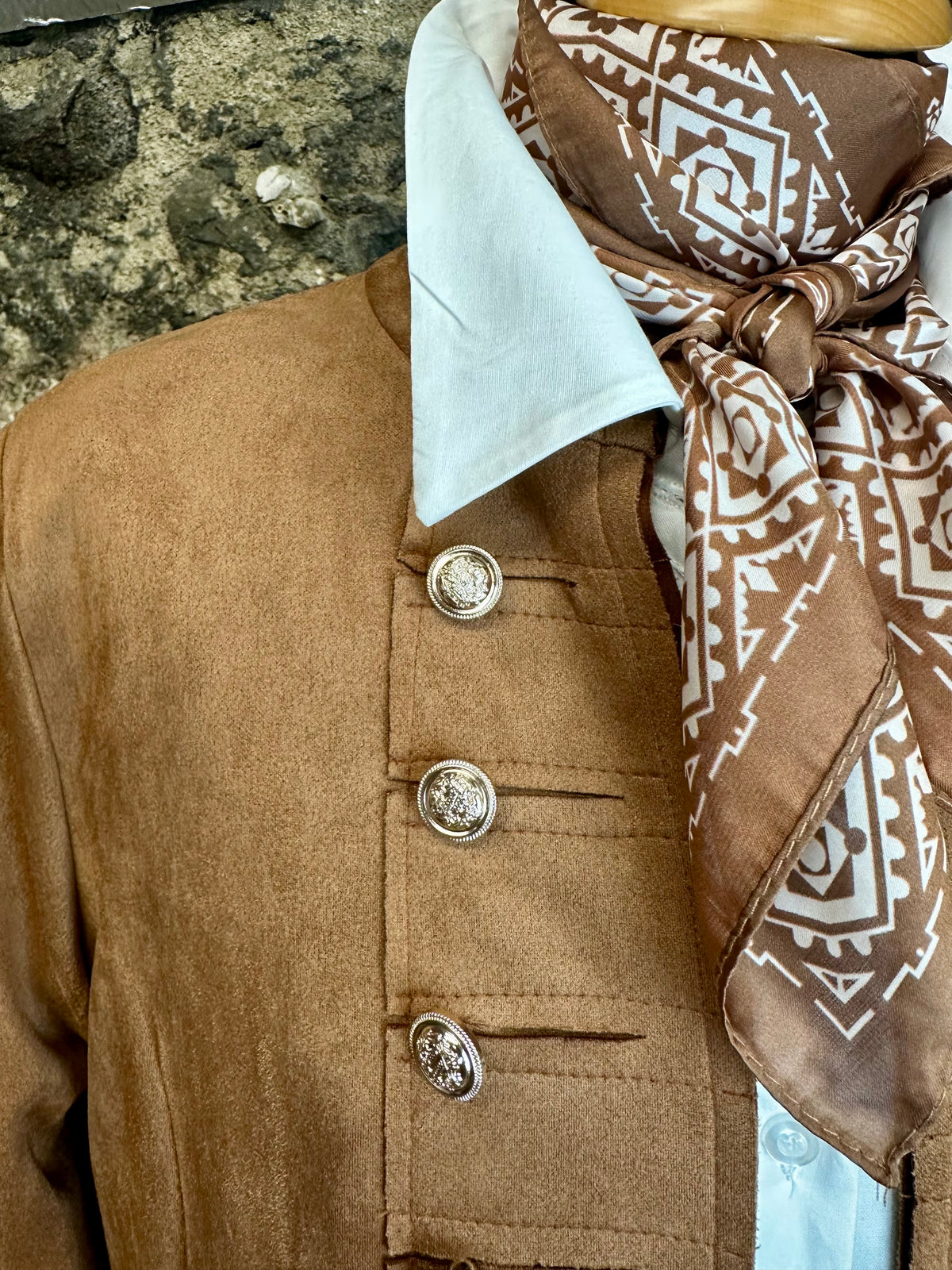 “Freida “ tan faux suede mid length jacket