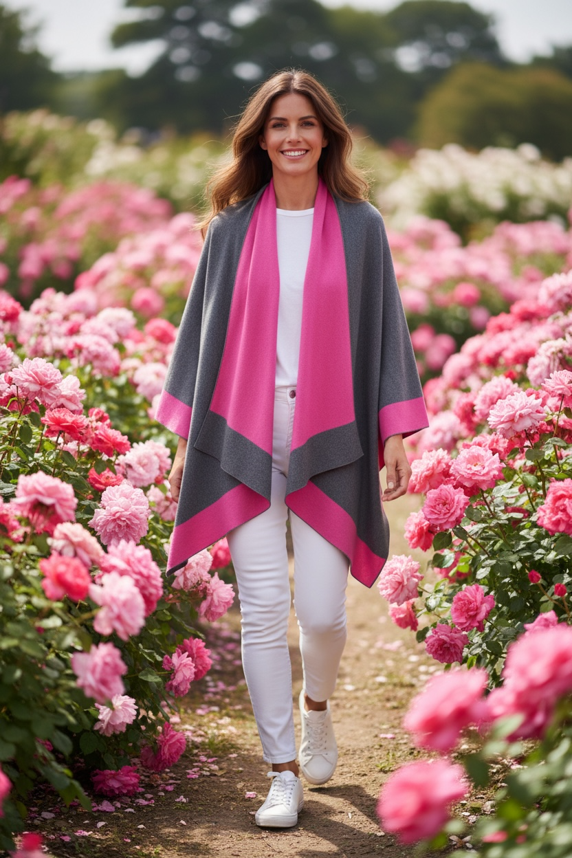 “Roberta “ cerise and charcoal grey cape wrap