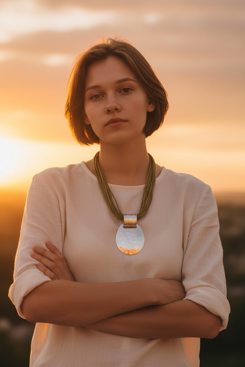 Statement brushed silver metal neckpiece with soft suede olive green collar