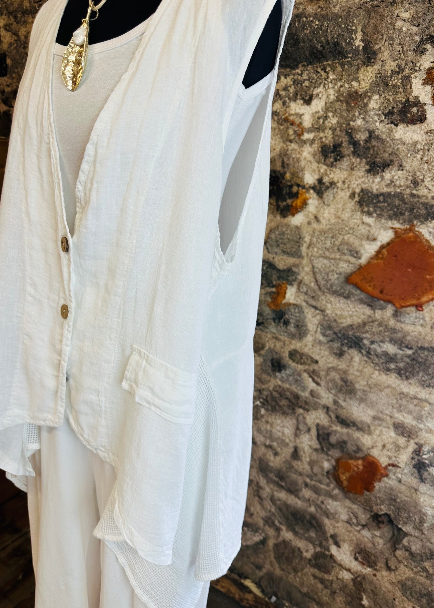 “Daisy “ white linen Italian asymmetric waistcoat