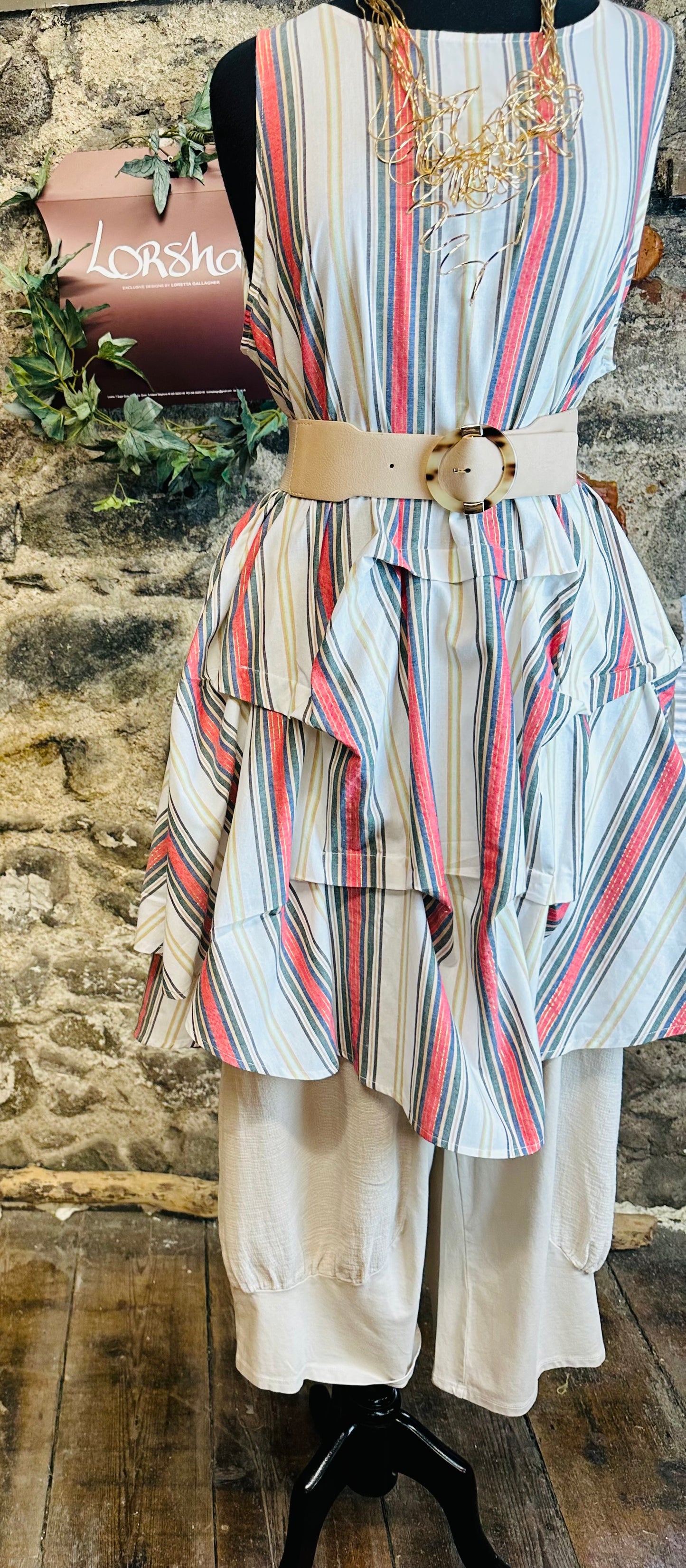 “Angelou” French stripe red pin tucked tunic dress