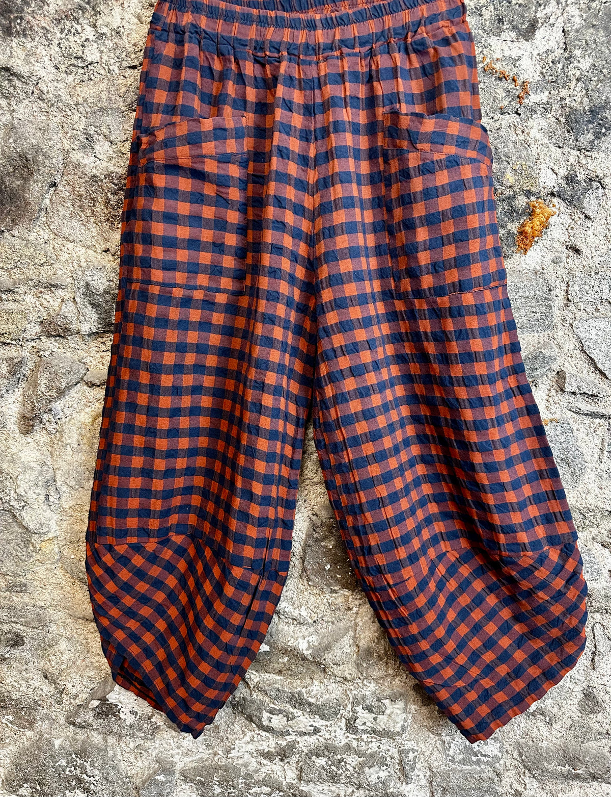 “Riley “ navy and rust Italian plaid cocoon trouser