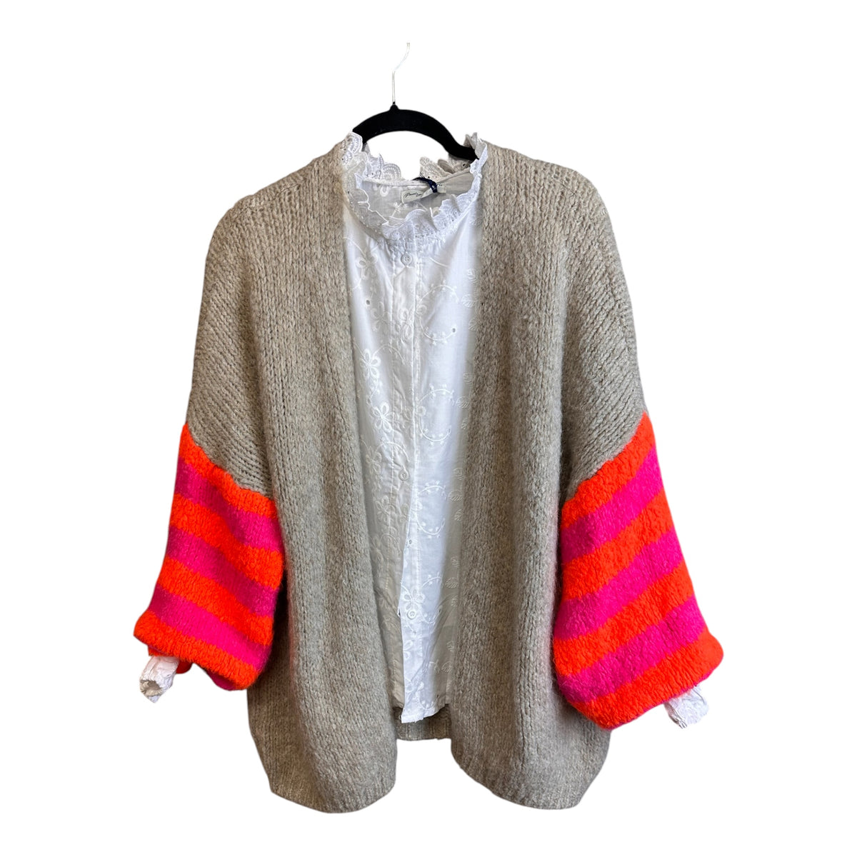 “Elsie “ neon sleeve mocha Italian open front cosey knit