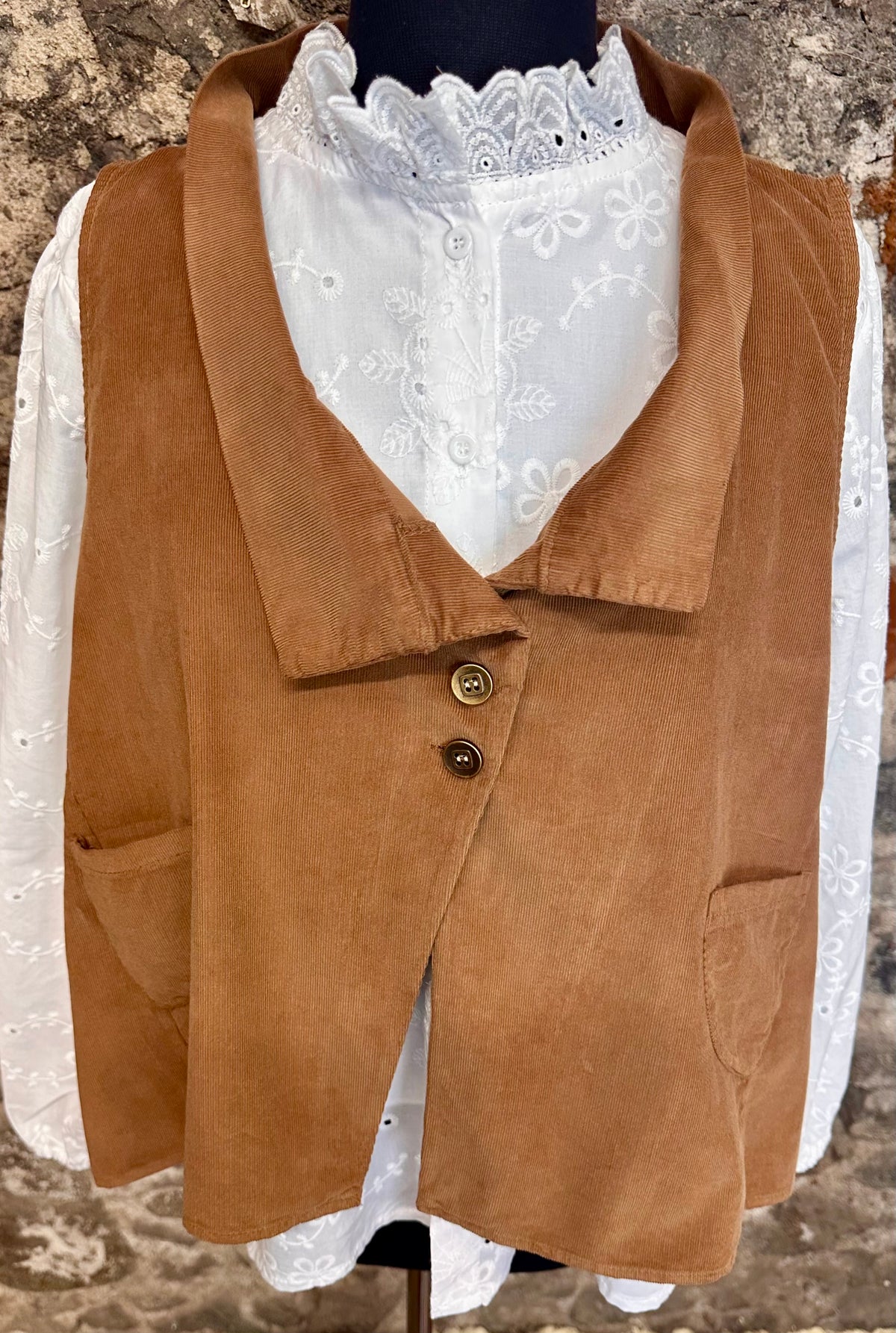 “Kellie” warm tan pin corduroy waist coat