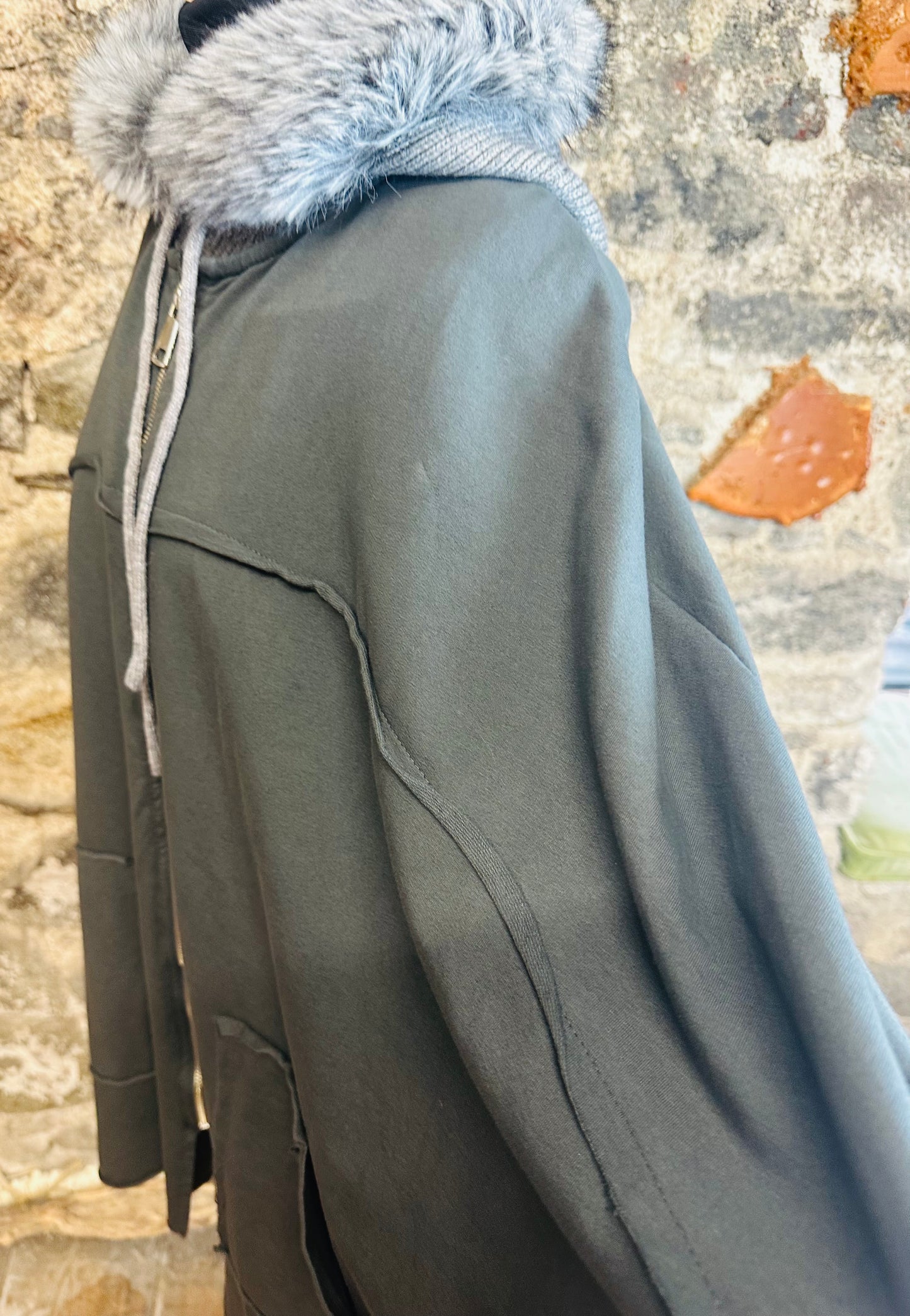 “Jessie “ vegan  fur trim snood hood ..dove grey