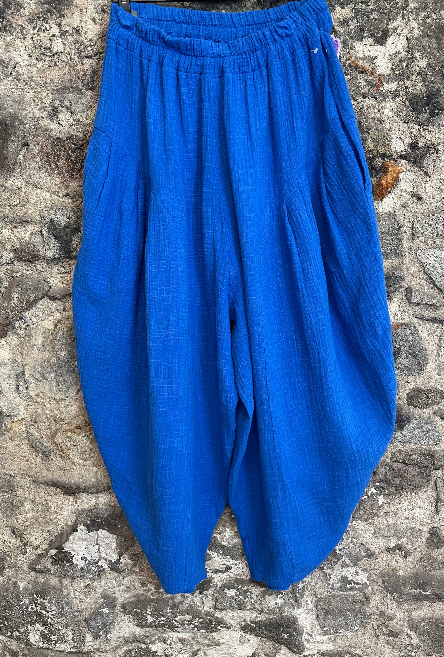 “Trudi “ azure blue Italian barrel leg cheese cloth trouser
