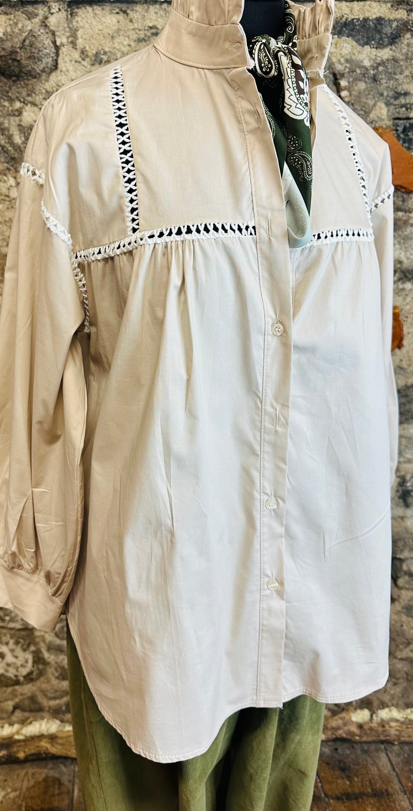 “Annabelle” pilgrim mocha Italian ruffle shirt