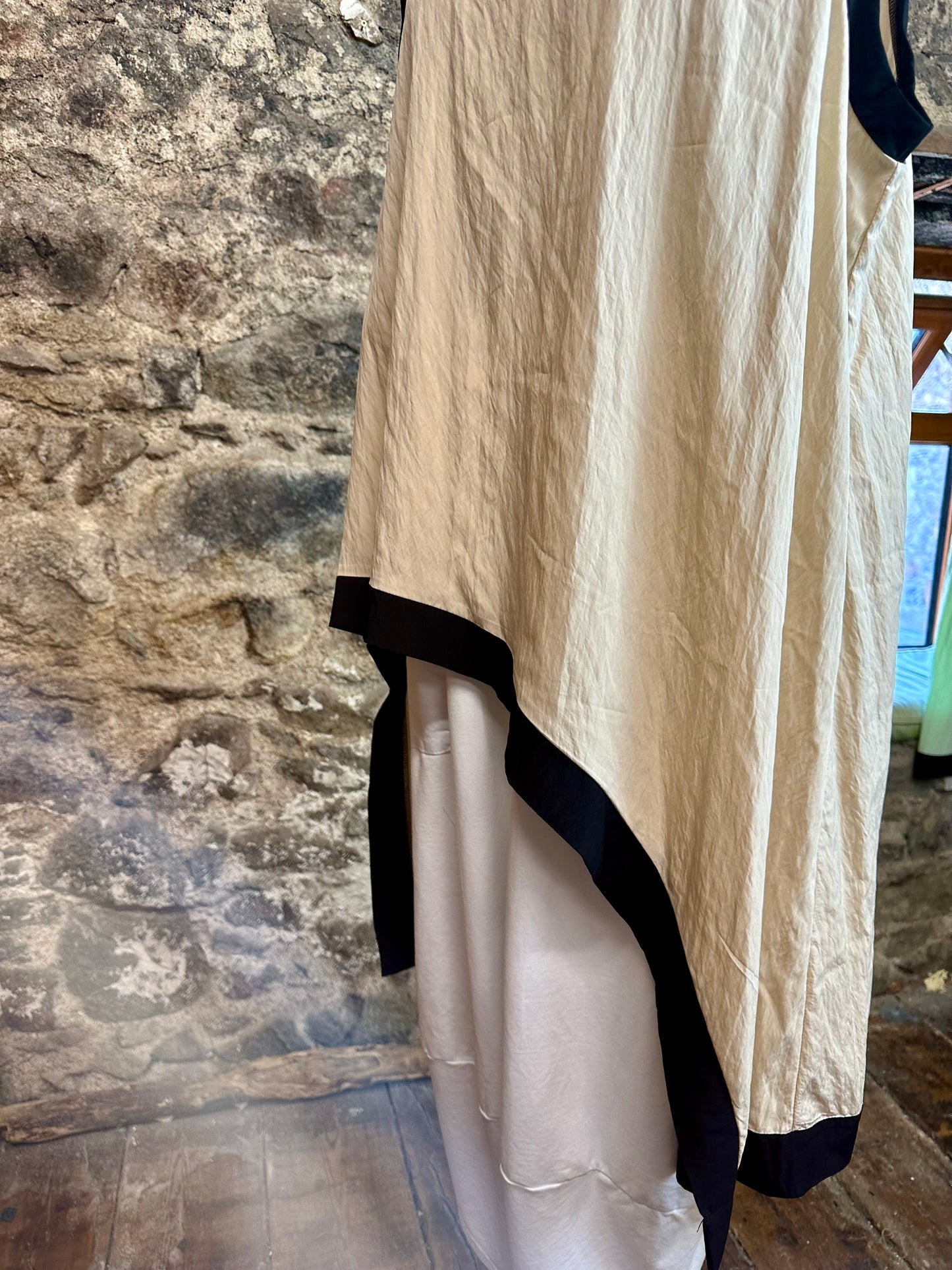 “Tilly “ beige and black trim Italian asymmetric tunic