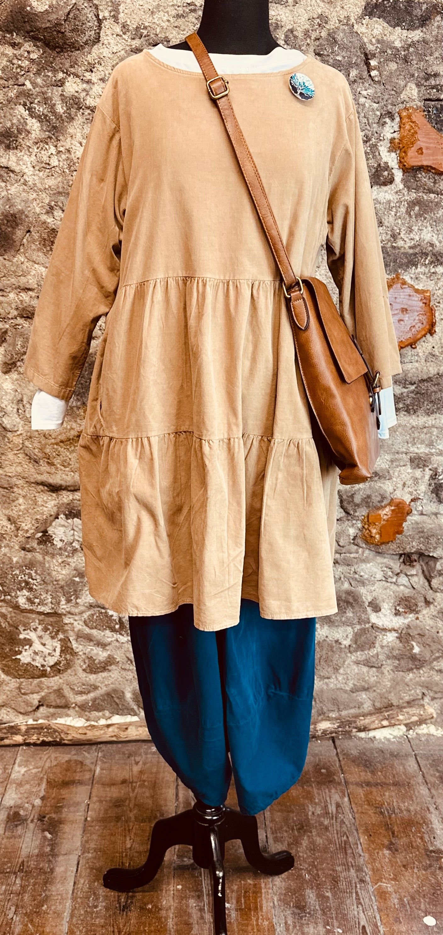 “Katie” warm caramel Italian fine corduroy tunic dress