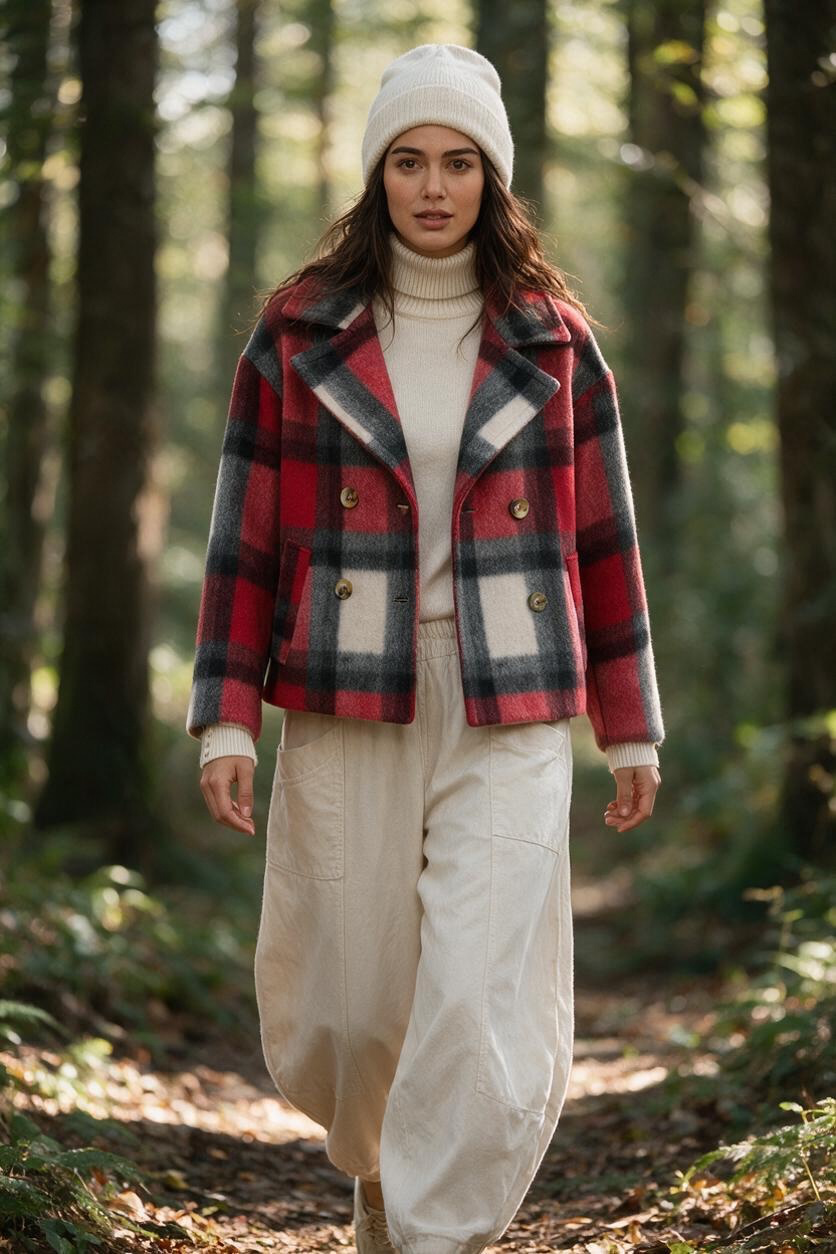 “Rita” Italian cherry charcoal and ivory check wool mix shacket cosey coat