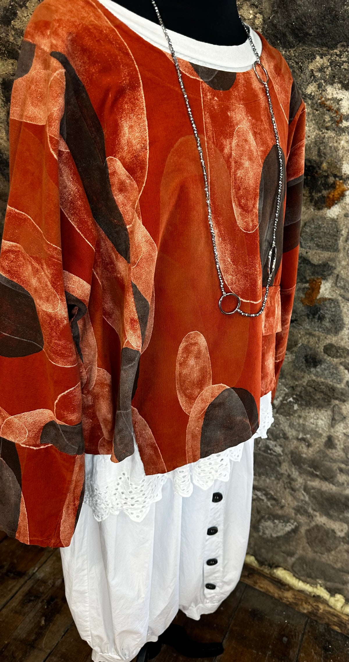 “Betty “ Italian pin corduroy russet and charcoal tunic