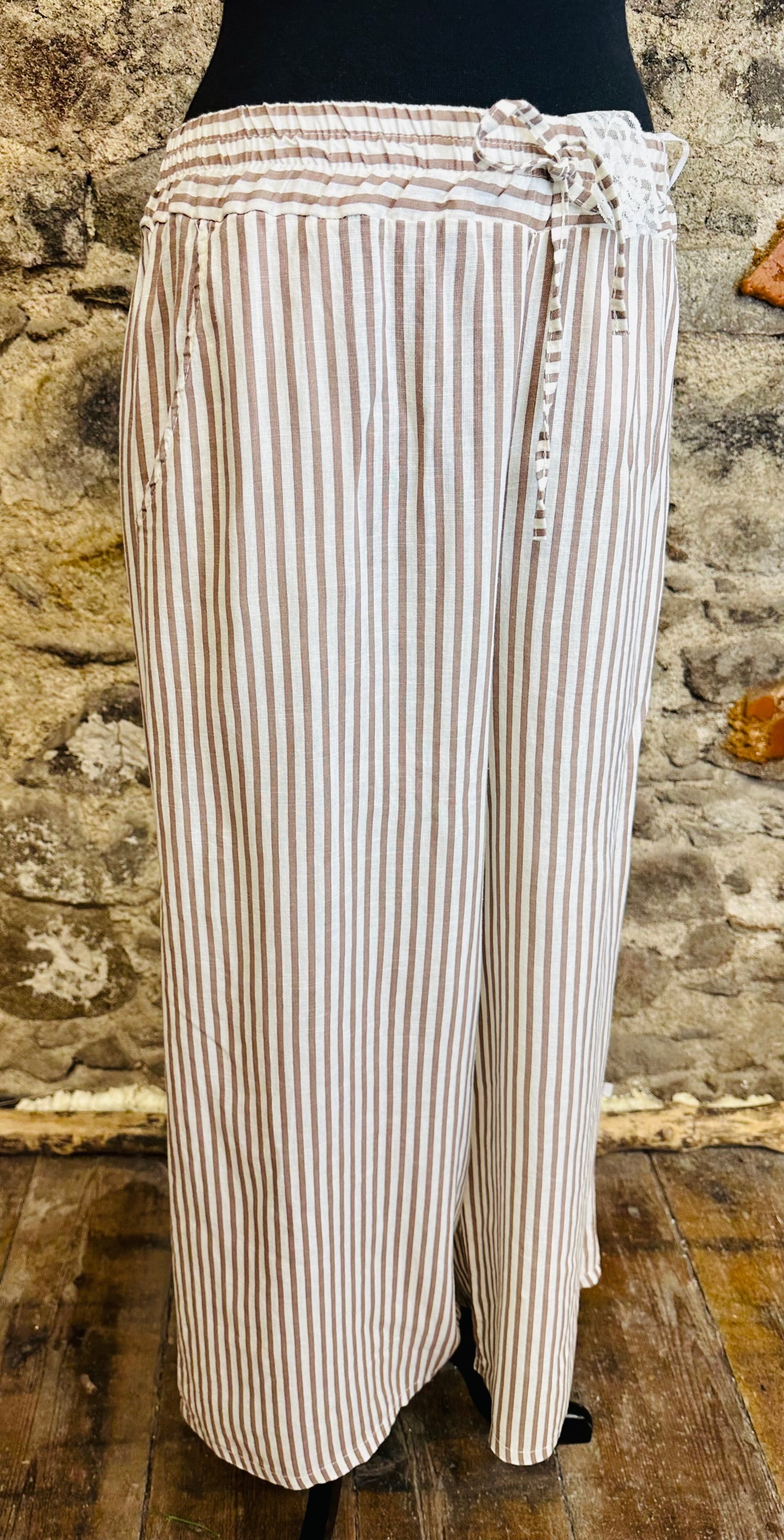 “Sandie “ mocha and cream stripe Italian linen cullottes