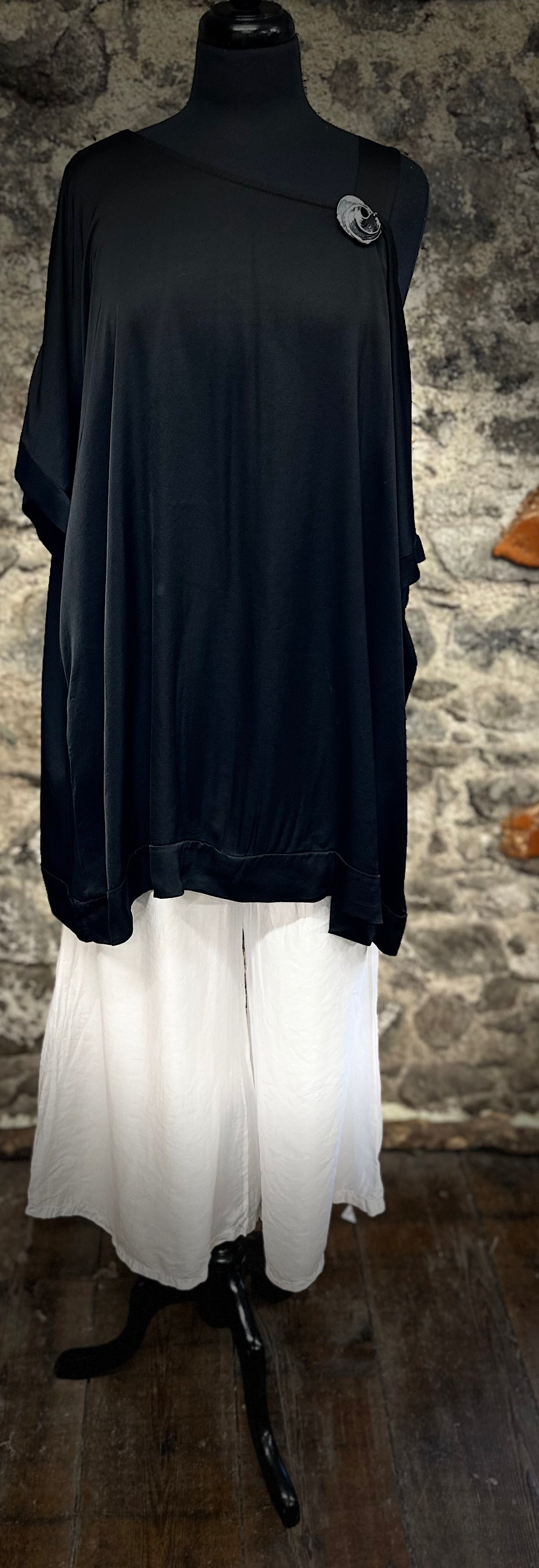 “Clara “ ebony satin feel Italian asymmetric cold shoulder tunic
