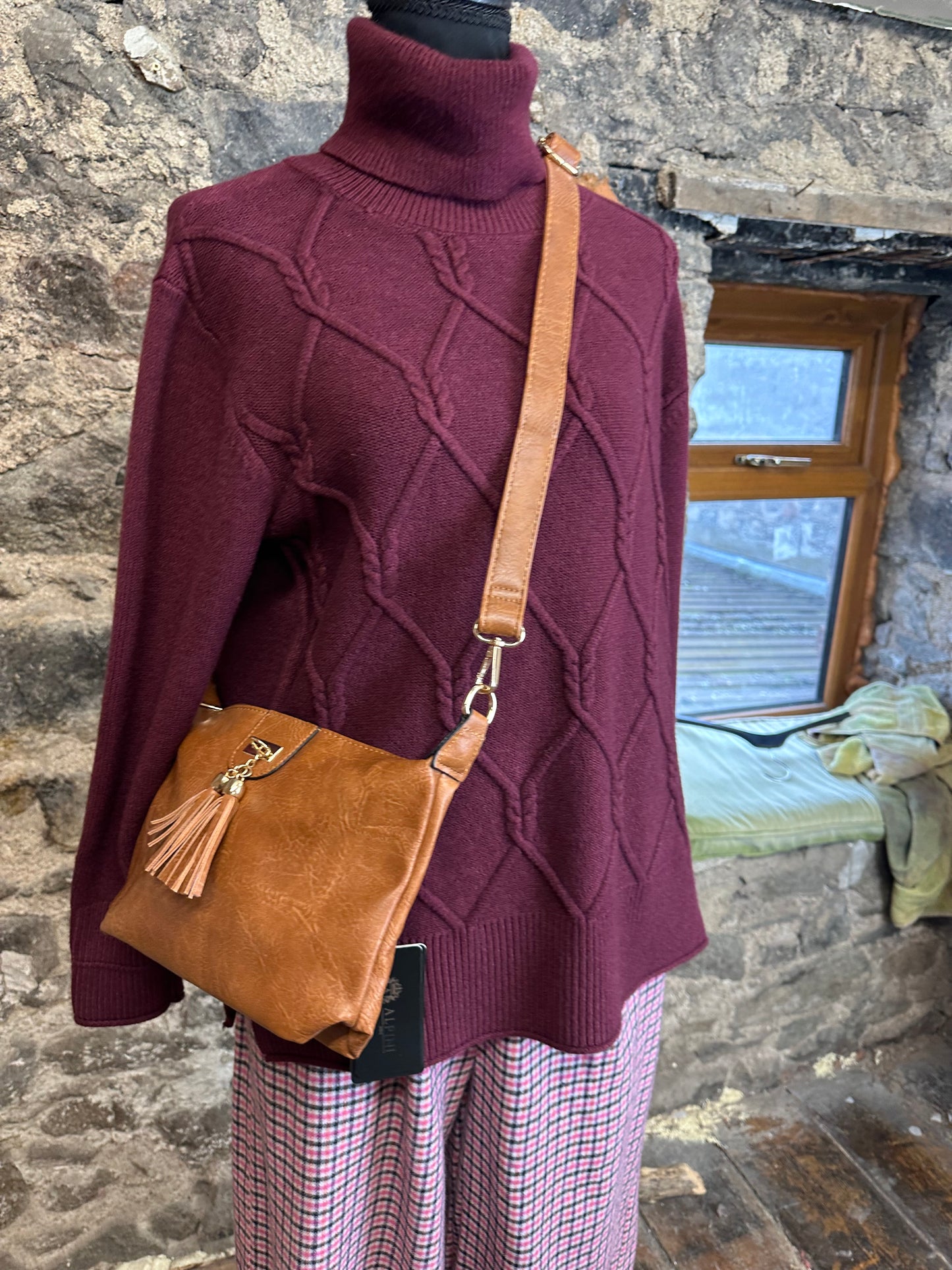“Millie” tan tassle vegan cross body