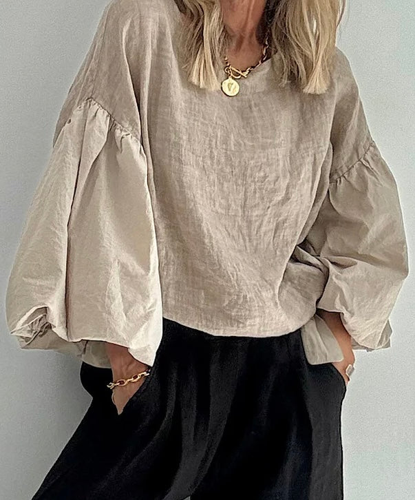 “Petra “ mocha Italian linen /cotton puff ball sleeve shirt