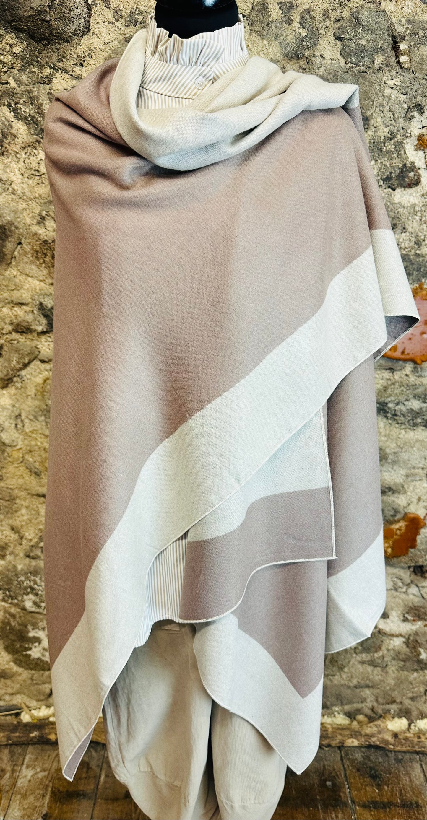“Roberta” mocha and stone reversible fine wool mix wrap