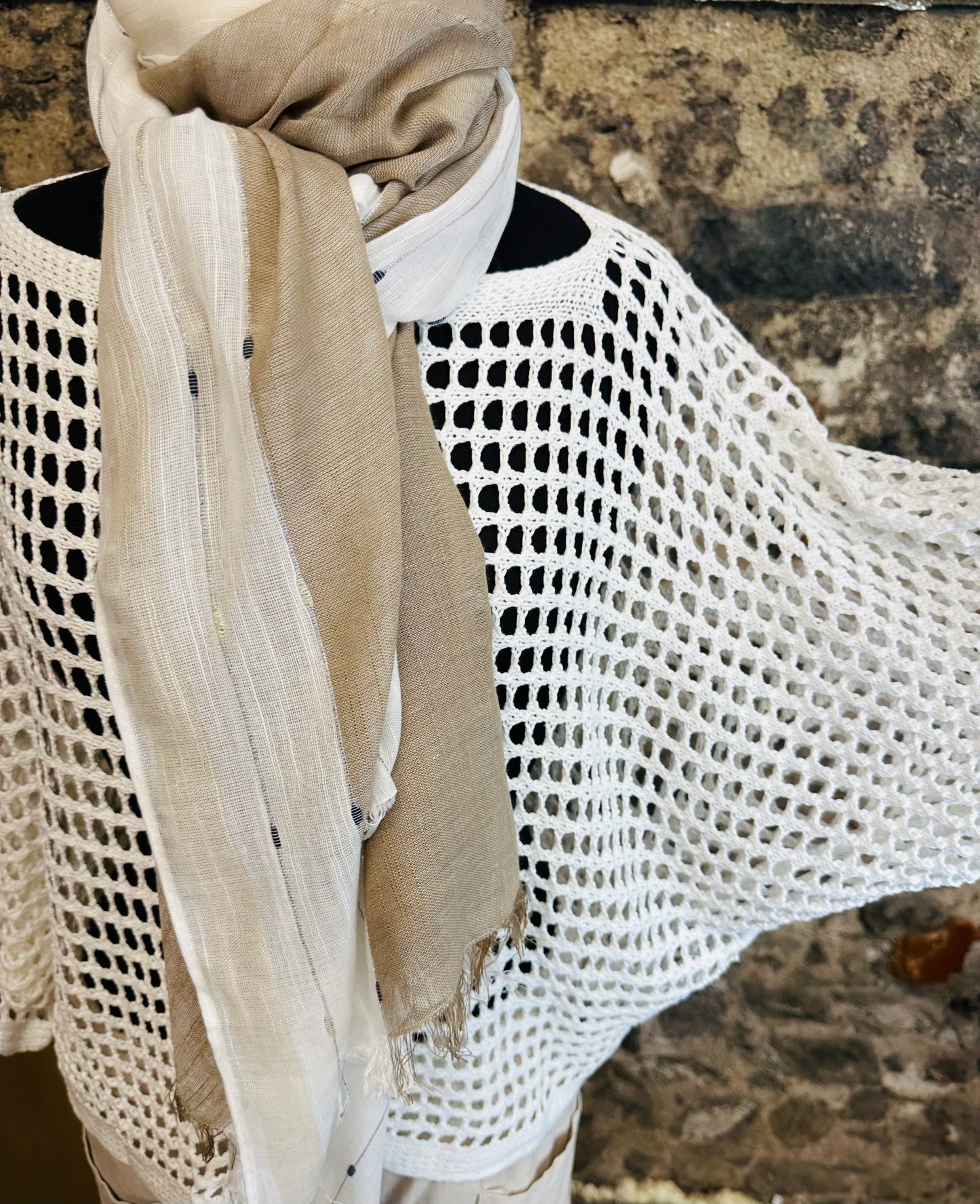 “Annabelle “ mocha and ivory fine linen look scarf