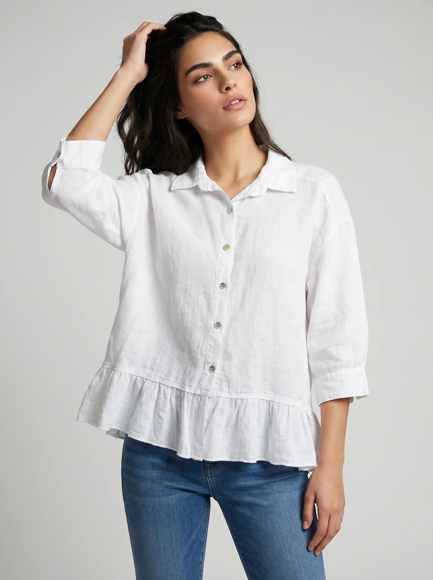 “Freya “ white linen Italian frill shirt