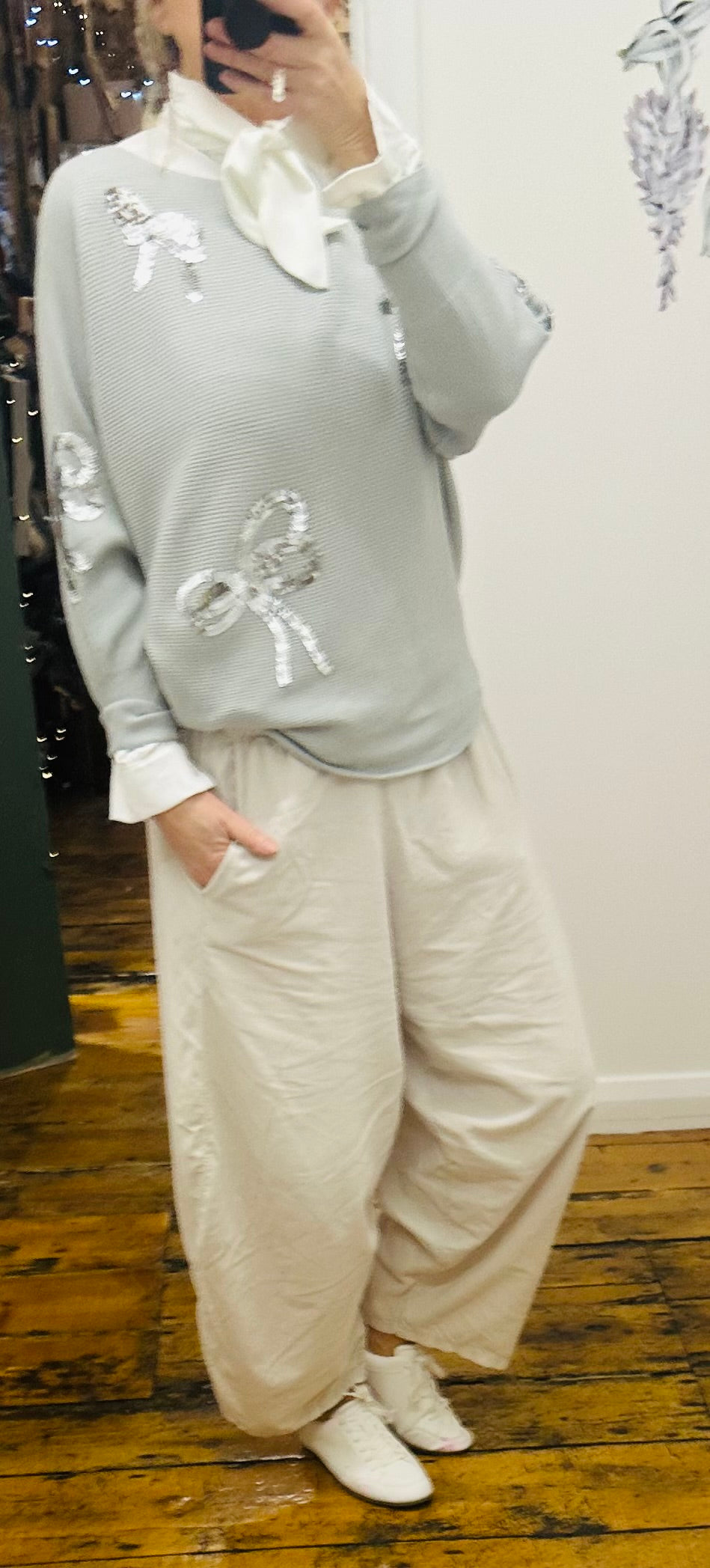 “Jez” dove grey sequin bow Italian  knit