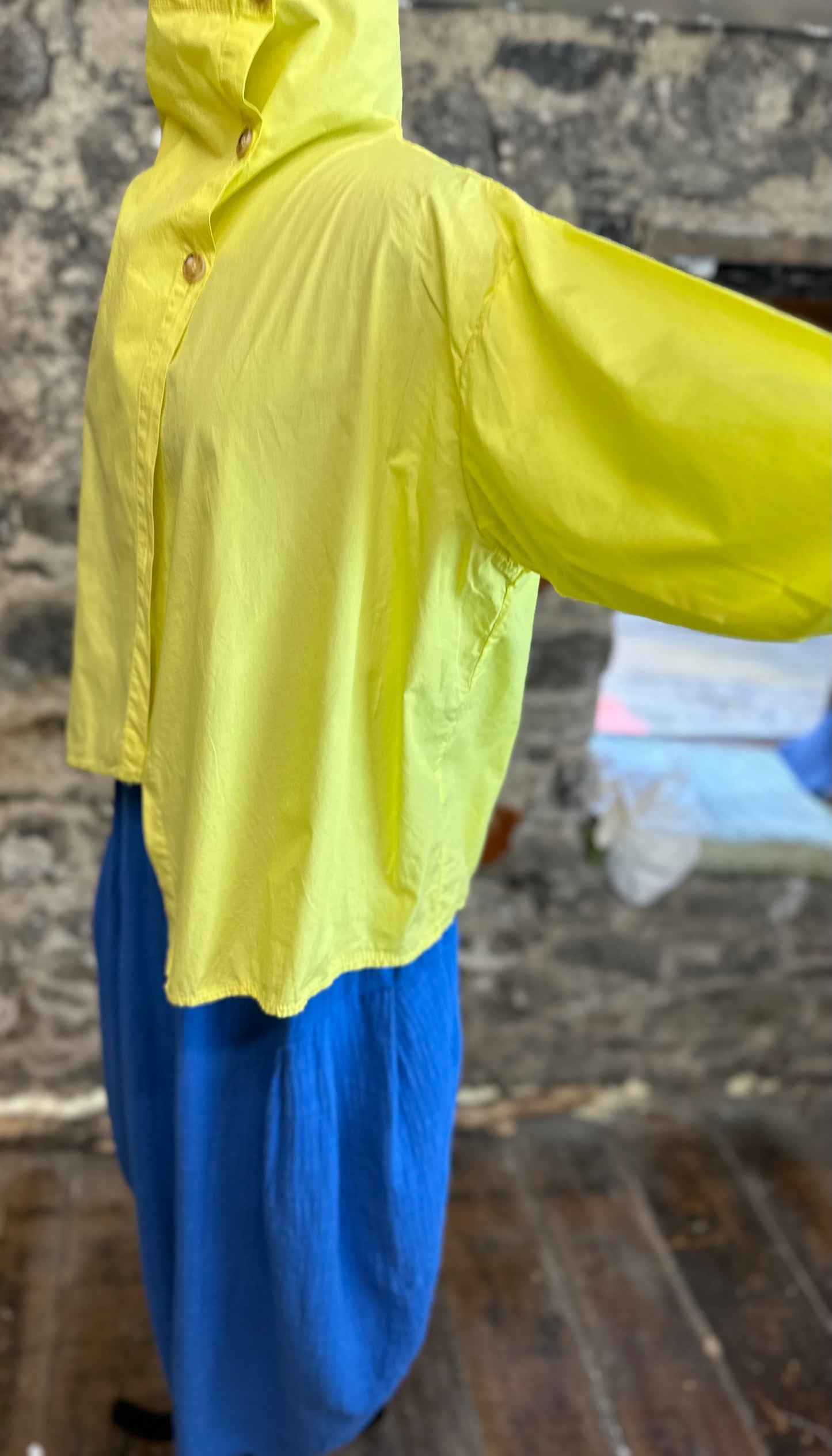 “Suzie “ sunshine yellow Italian funnel neck asymmetric cotton jacket