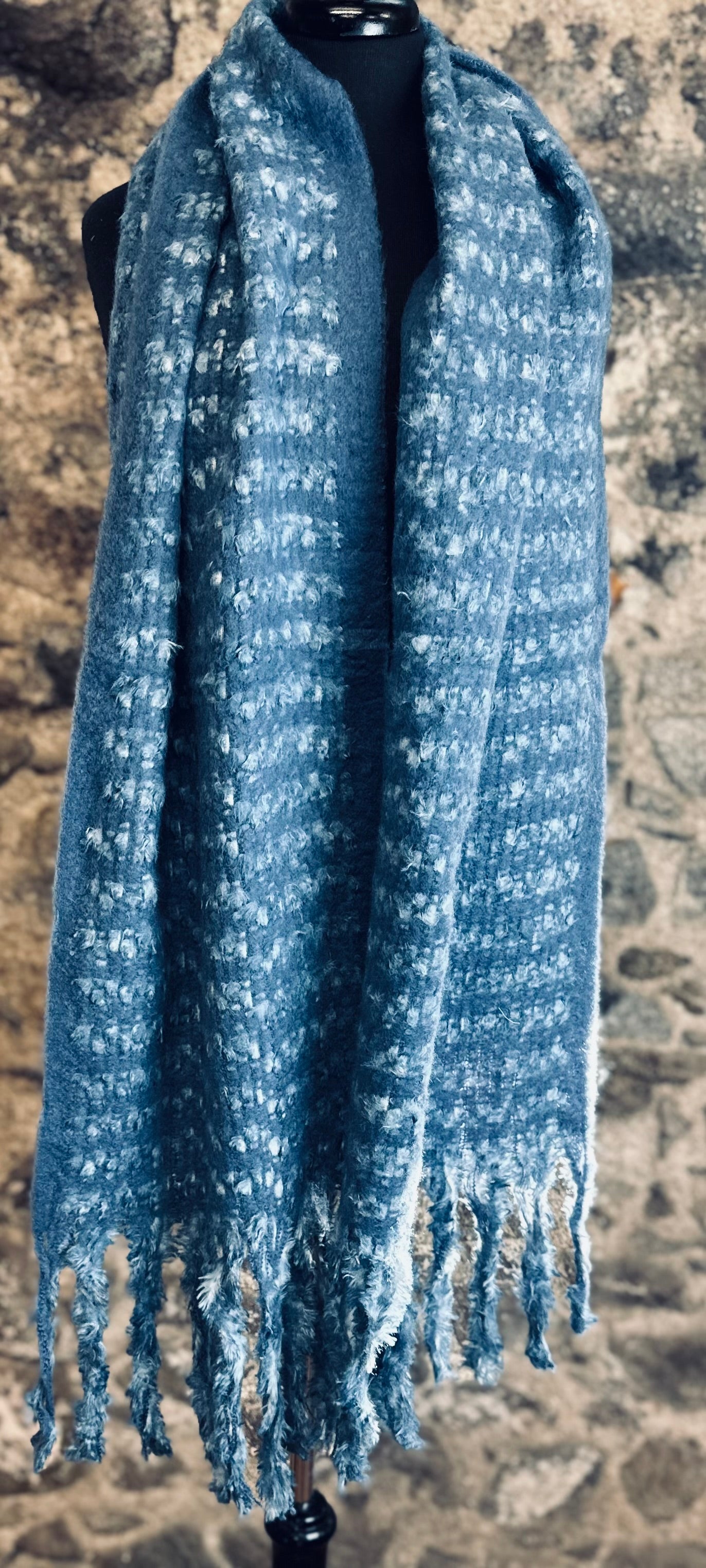 Cosey super soft fringed denim blue wrap