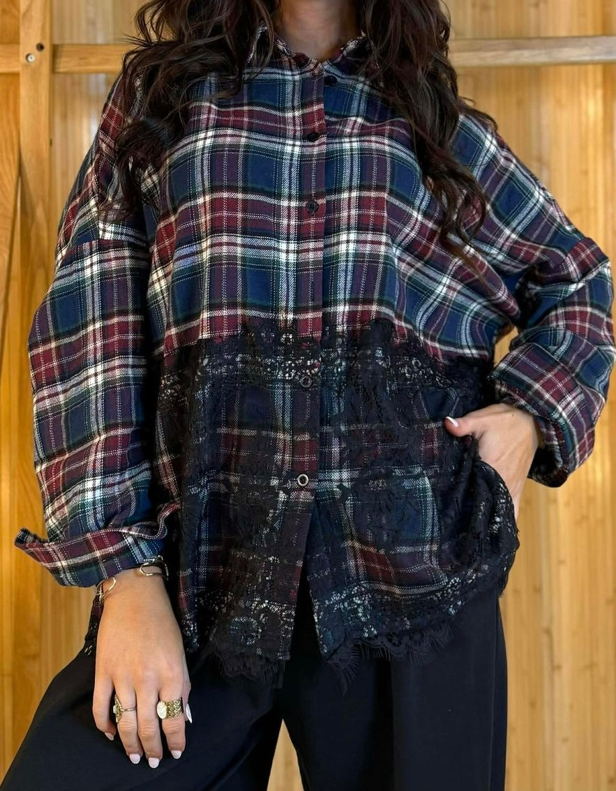 “NAIA “ plaid brush cotton and lace overlay shirt