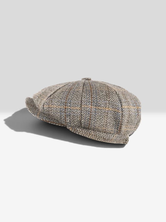 The shelby herring bone tweed celtic bakersboy cap grey and chocolate