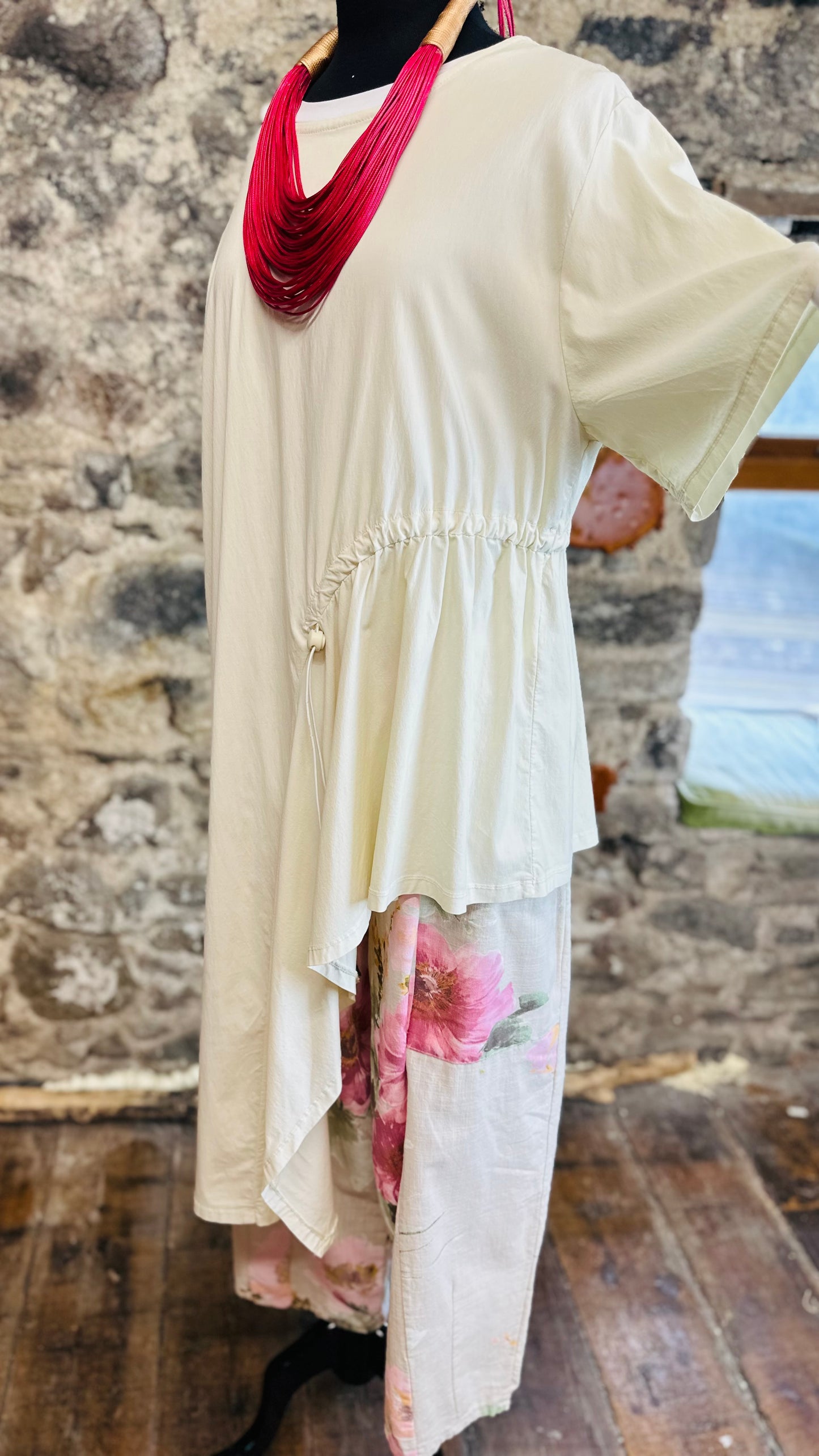 “Perri “ cream asymmetrical tunic dress with adjustable toggle
