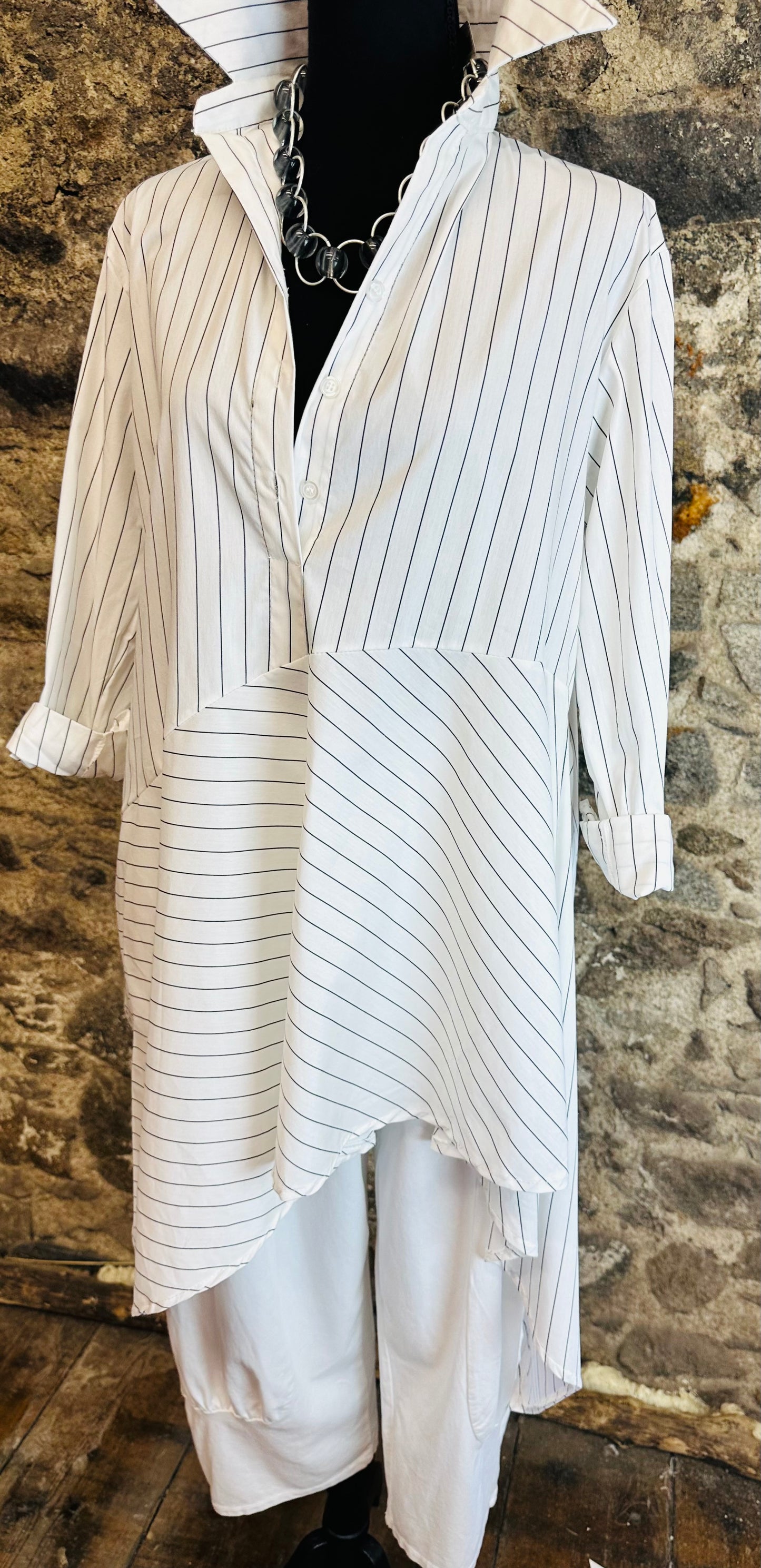 “Sofia “ Italian asymmetric dress shirt white pinstriped