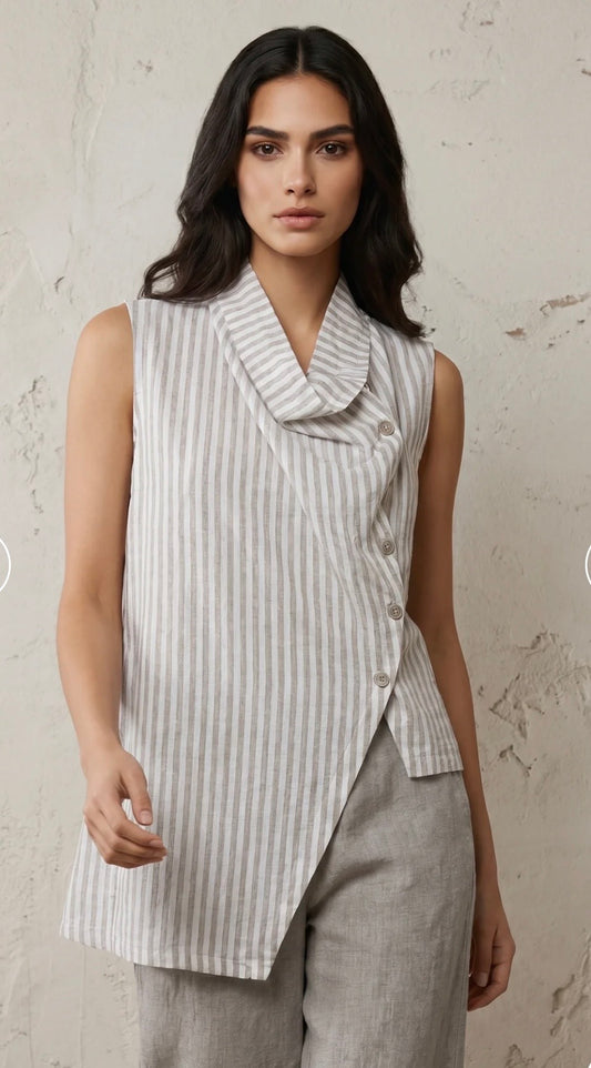 “Mabel “ mocha and white striped Italian linen mix waist coat