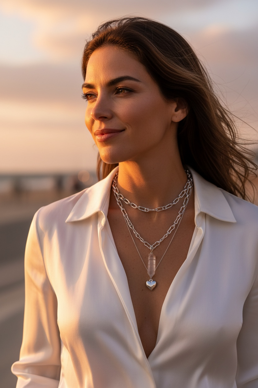 Crystal and heart elegant double layered silver neckpiece